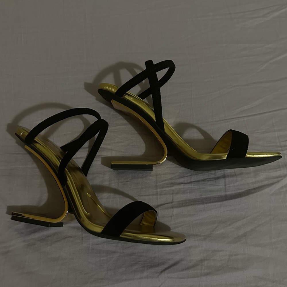 Jeffrey Campbell geometric black and gold heel sandal